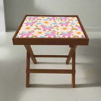 Folding Side Table - Teak Wood -Unicorn And Rainbow Nutcase