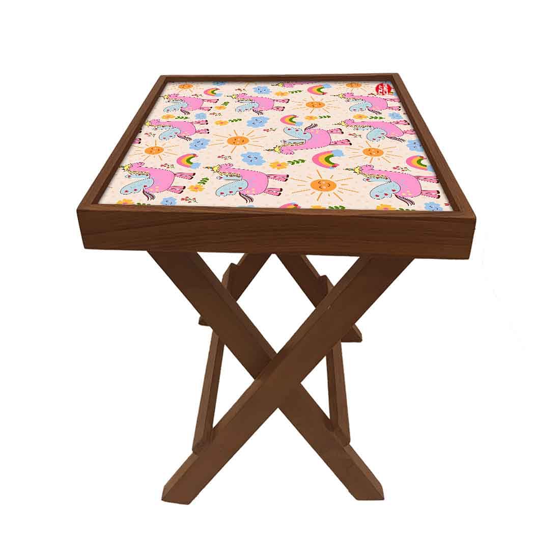 Folding Side Table - Teak Wood -Unicorn And Rainbow Nutcase