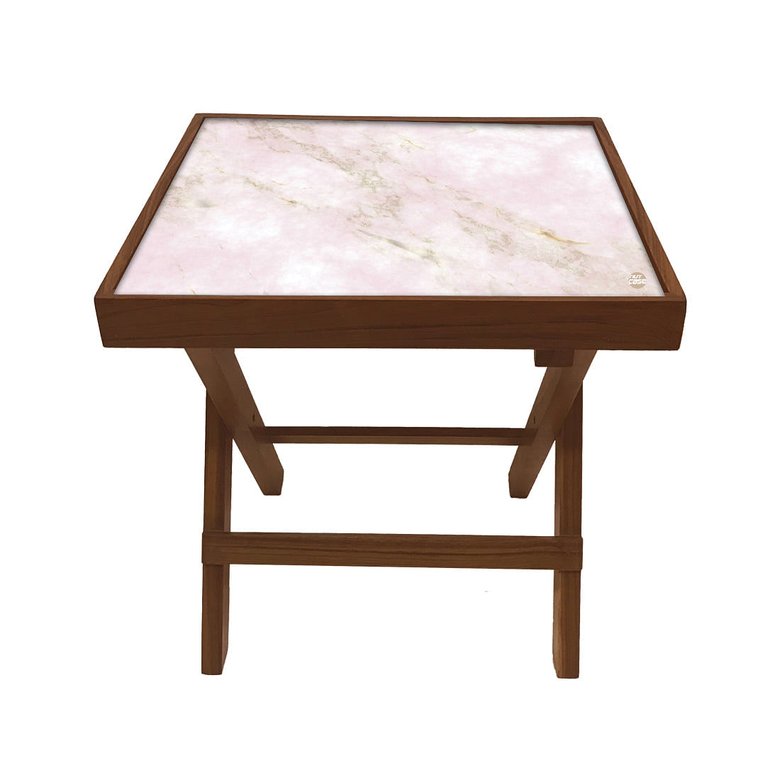 Folding Side Table - Teak Wood -Pink Marble Nutcase