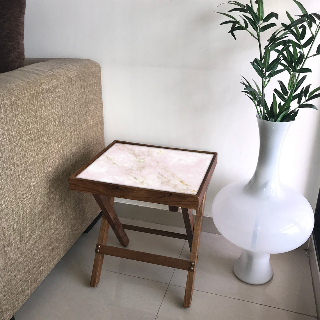 Folding Side Table - Teak Wood -Pink Marble