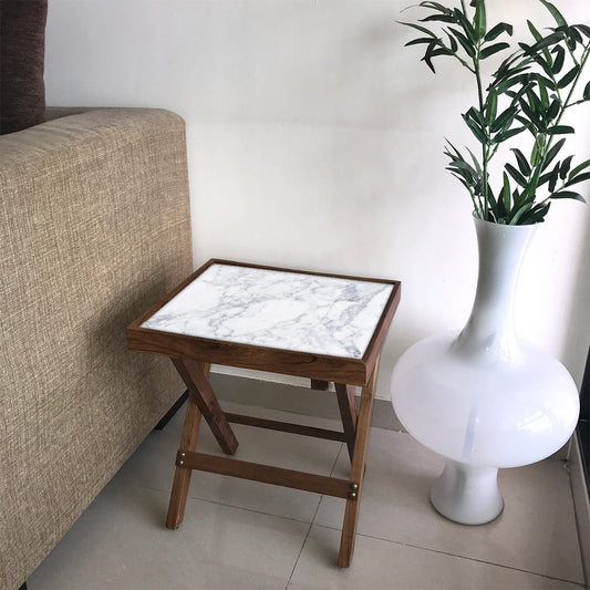 Folding Side Table - Teak Wood -White Marble