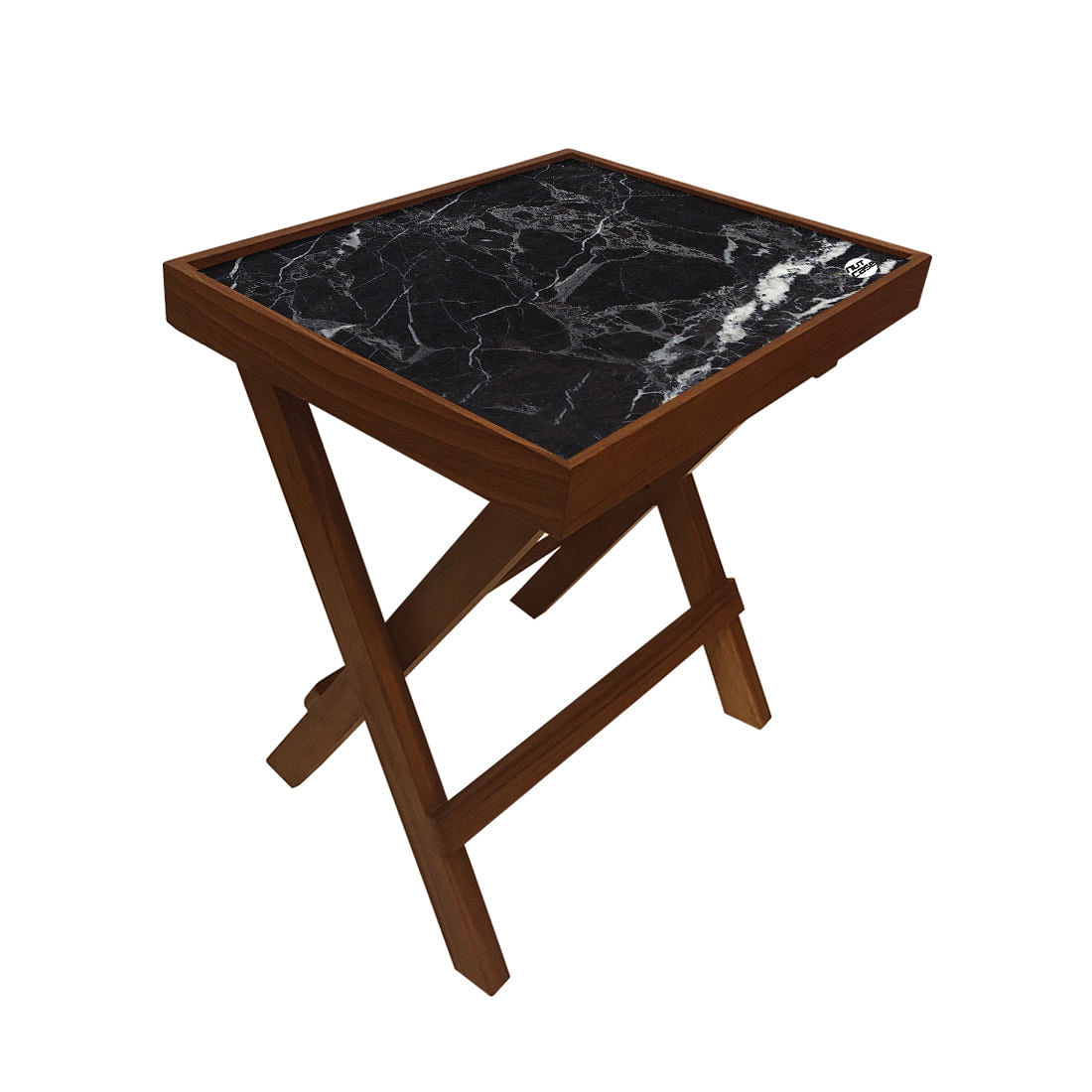 Folding Side Table - Teak Wood -Black Marble Nutcase
