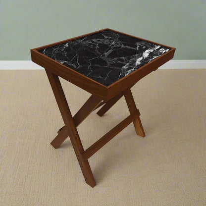 Folding Side Table - Teak Wood -Black Marble Nutcase