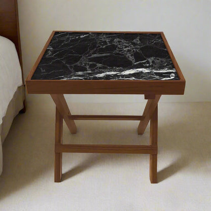 Folding Side Table - Teak Wood -Black Marble Nutcase