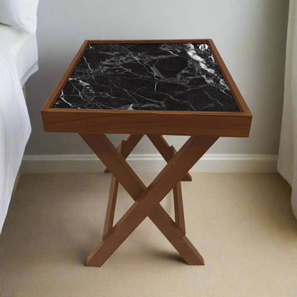 Folding Side Table - Teak Wood -Black Marble Nutcase