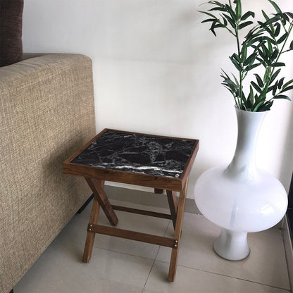 Folding Side Table - Teak Wood -Black Marble