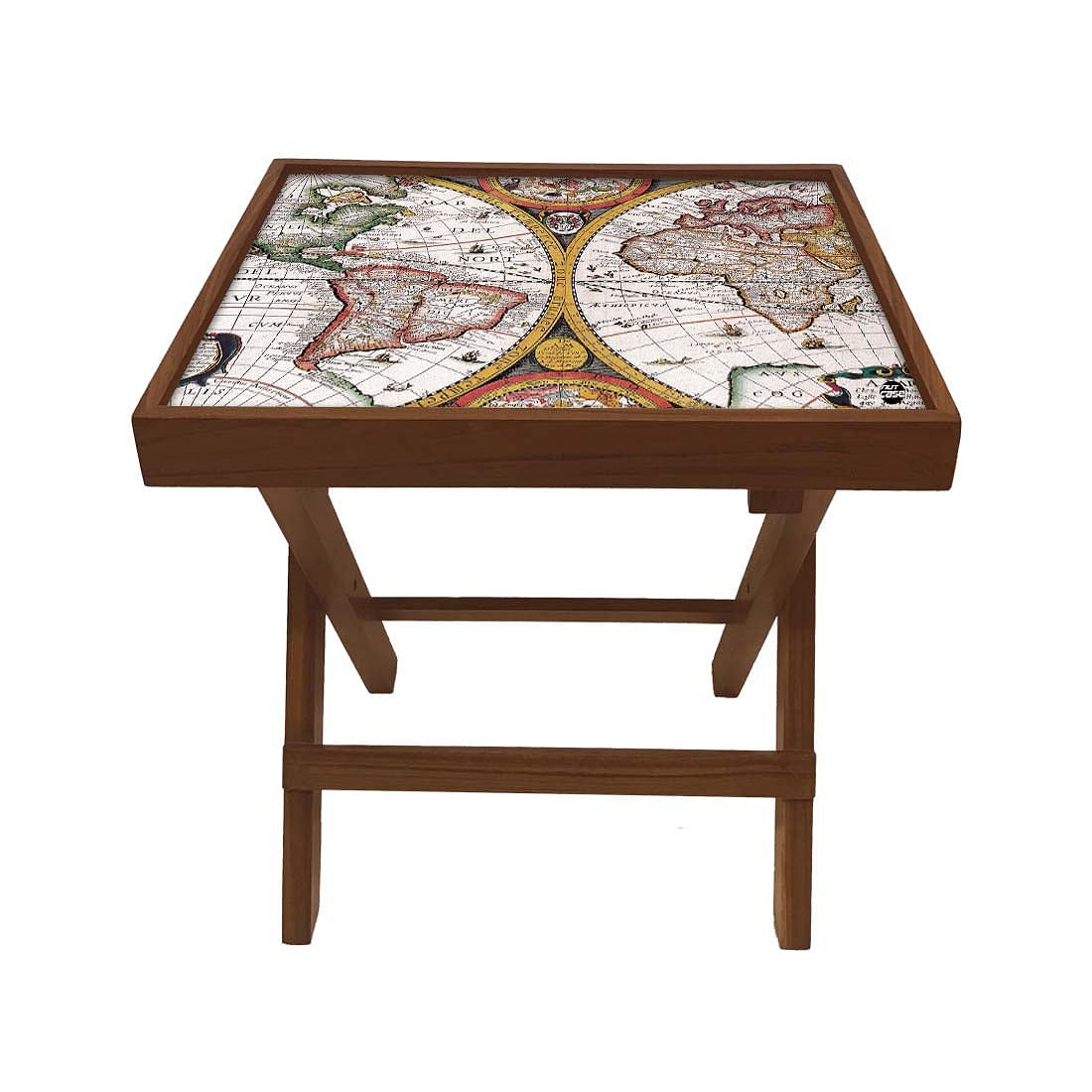 Folding Side Table - Teak Wood - Vintage Map Nutcase