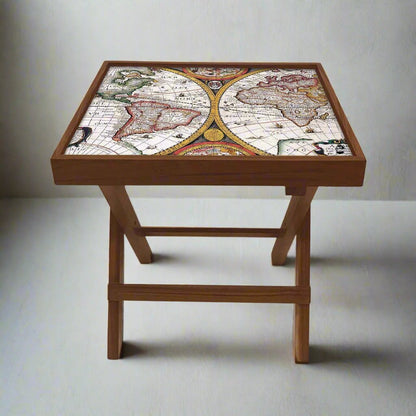 Folding Side Table - Teak Wood - Vintage Map Nutcase