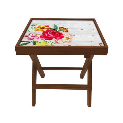 Folding Side Table - Teak Wood - Vintage Wood Floral Nutcase