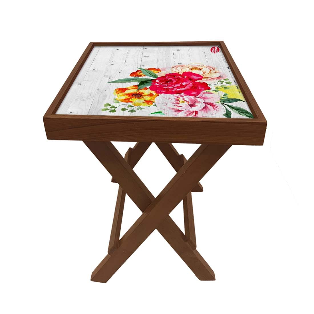Folding Side Table - Teak Wood - Vintage Wood Floral Nutcase