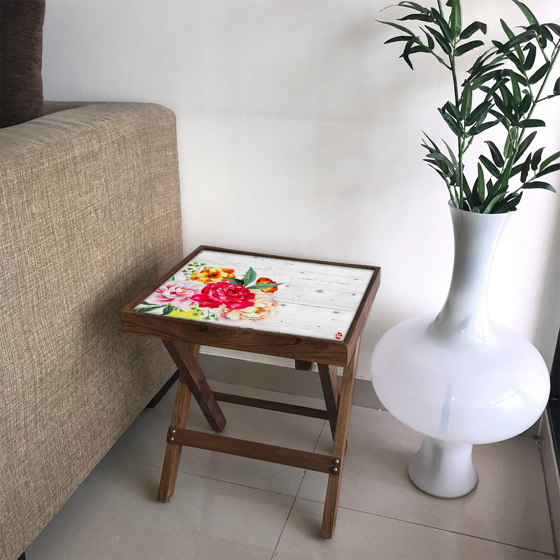 Folding Side Table - Teak Wood - Vintage Wood Floral