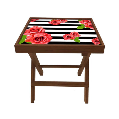 Folding Wooden Bedside Table-Teak Wood-Black & White Floral Nutcase