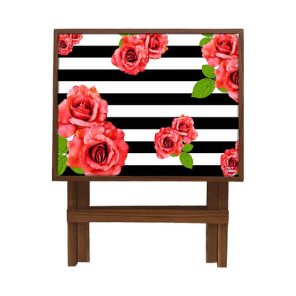 Folding Wooden Bedside Table-Teak Wood-Black & White Floral Nutcase