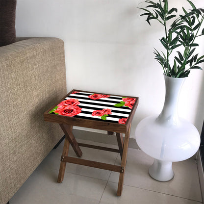 Folding Wooden Bedside Table-Teak Wood-Black & White Floral