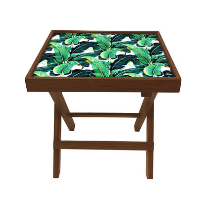 Folding Side Table - Teak Wood - Green Leaves Tropical Nutcase