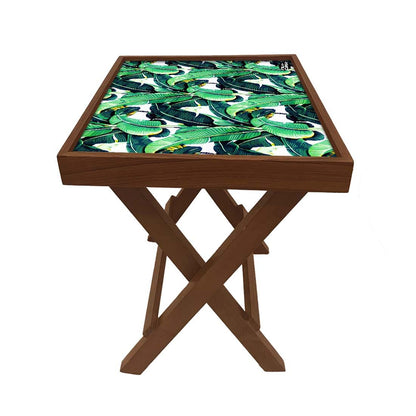 Folding Side Table - Teak Wood - Green Leaves Tropical Nutcase