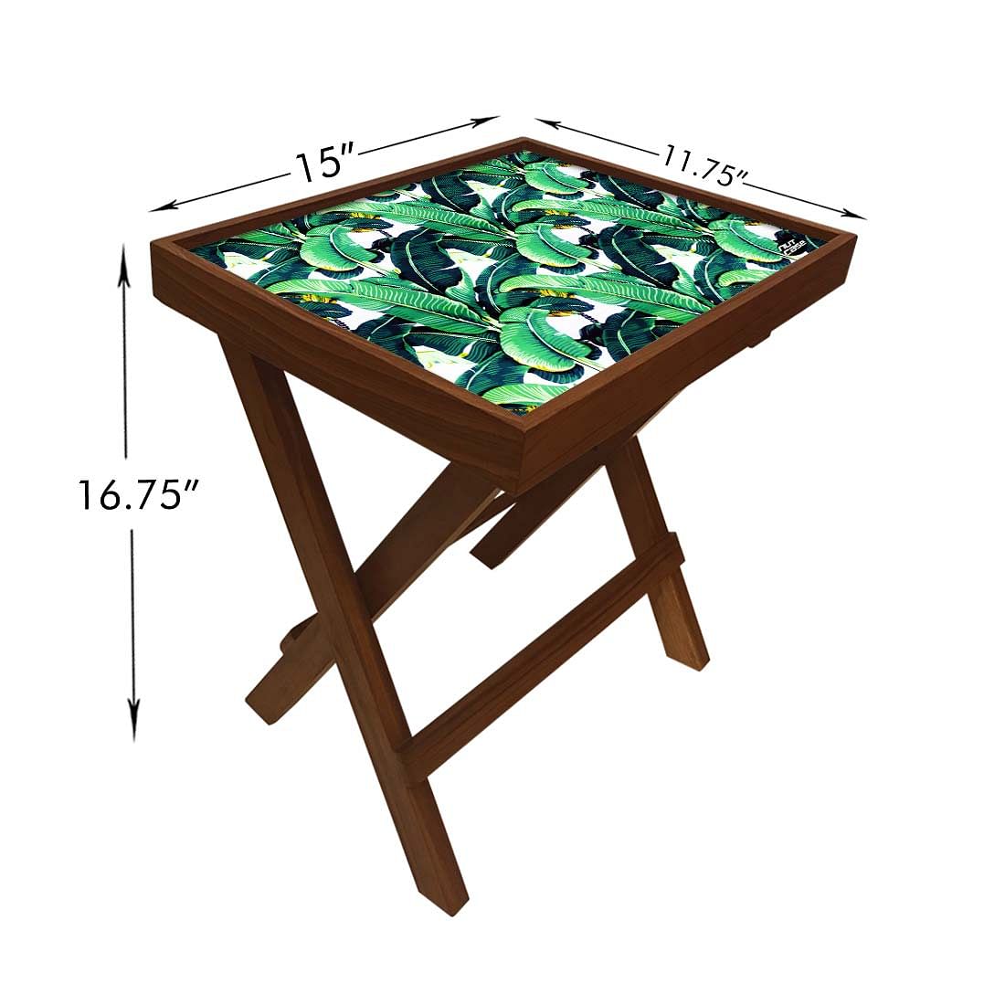 Folding Side Table - Teak Wood - Green Leaves Tropical Nutcase