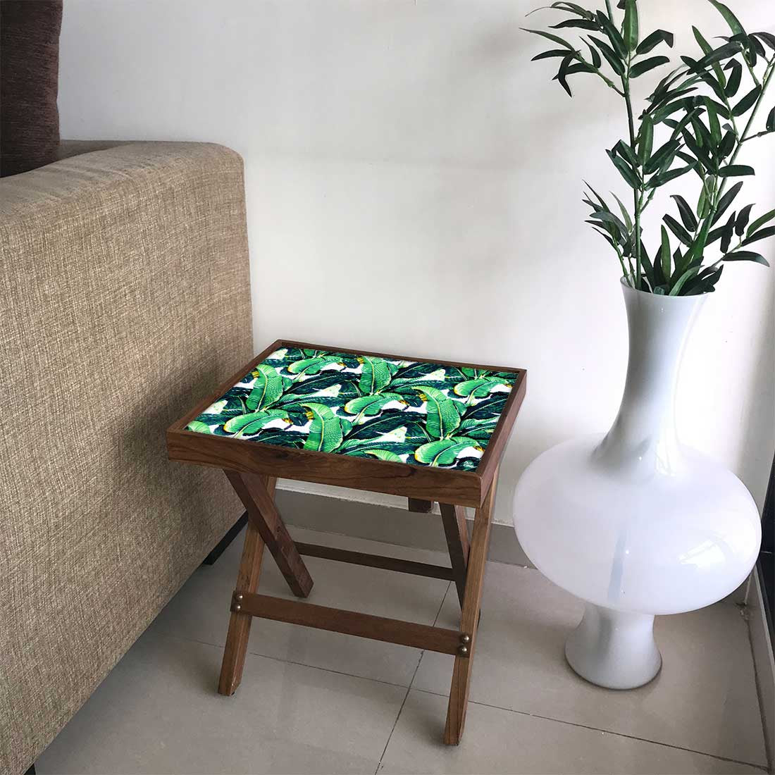 Folding Side Table - Teak Wood - Green Leaves Tropical