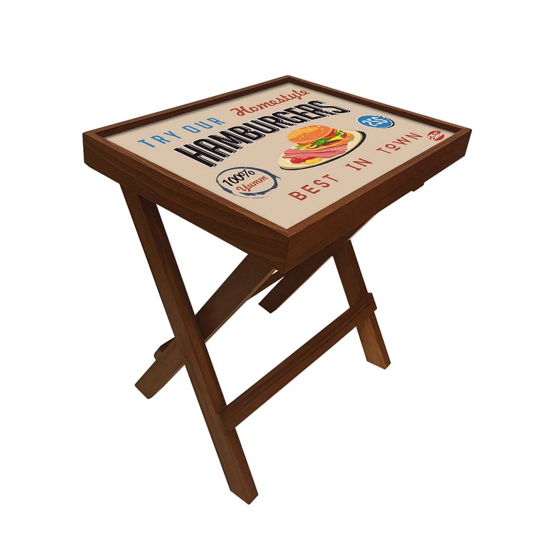 Folding Side Table - Teak Wood - Retro Diner Style Burgers Nutcase