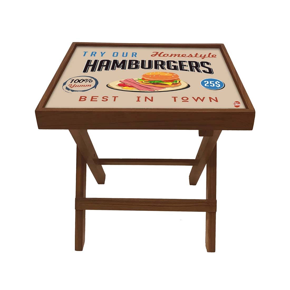 Folding Side Table - Teak Wood - Retro Diner Style Burgers Nutcase