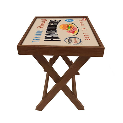 Folding Side Table - Teak Wood - Retro Diner Style Burgers Nutcase