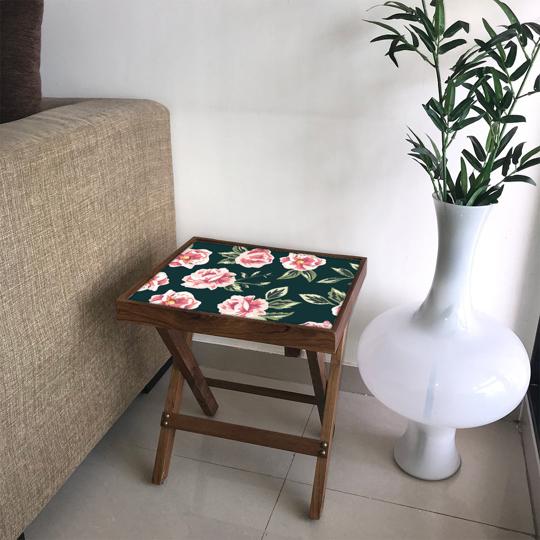 Folding Side Table - Teak Wood - Vtinage Floral
