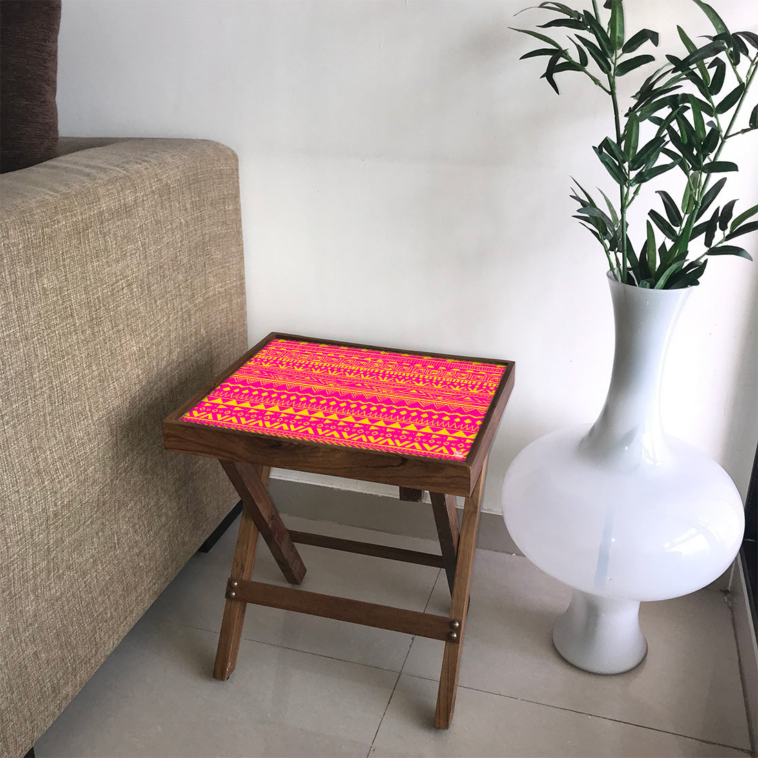 Folding Side Table - Teak Wood - Pink Lines