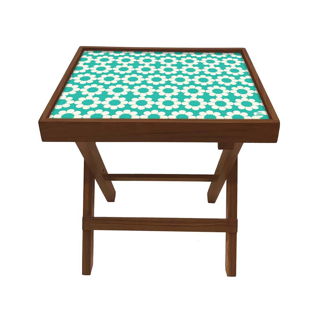 Folding Side Table - Teak Wood - Flower With Blue Backgroung Nutcase
