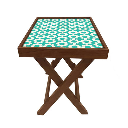 Folding Side Table - Teak Wood - Flower With Blue Backgroung Nutcase