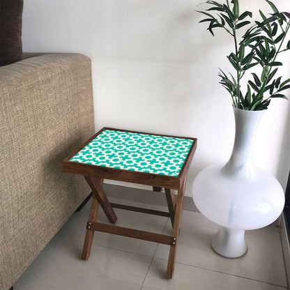 Folding Side Table - Teak Wood - Flower With Blue Backgroung