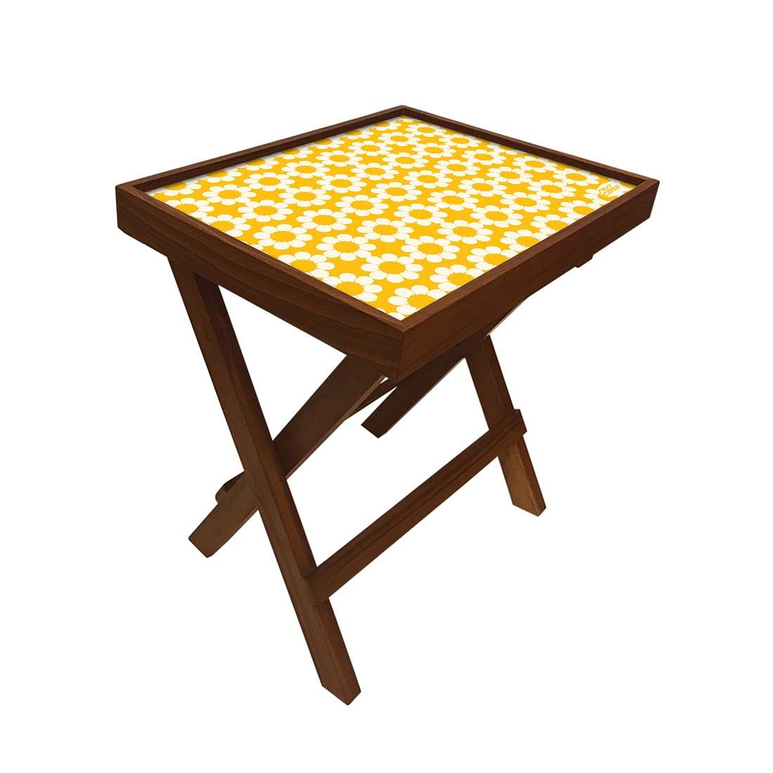 Folding Side Table - Teak Wood - Flower With Yellow Backgroung Nutcase