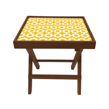 Folding Side Table - Teak Wood - Flower With Yellow Backgroung Nutcase