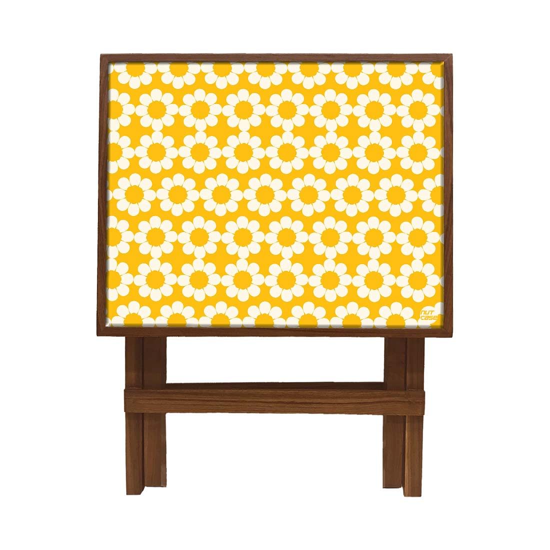 Folding Side Table - Teak Wood - Flower With Yellow Backgroung Nutcase