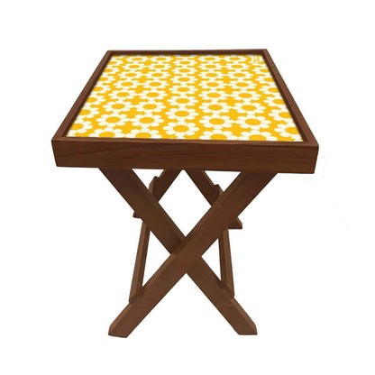 Folding Side Table - Teak Wood - Flower With Yellow Backgroung Nutcase