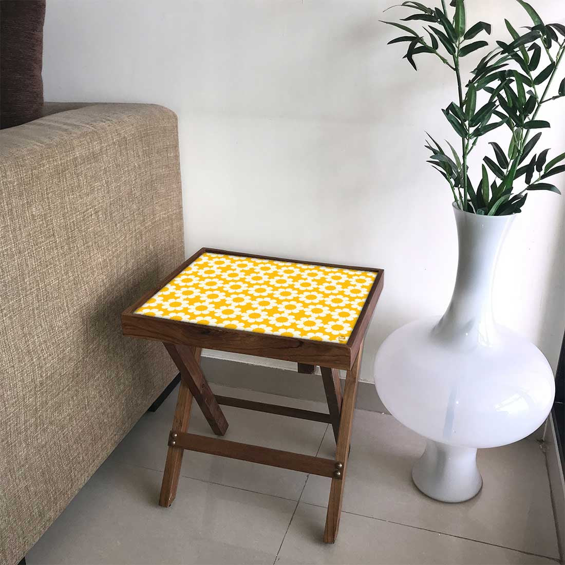 Folding Side Table - Teak Wood - Flower With Yellow Backgroung