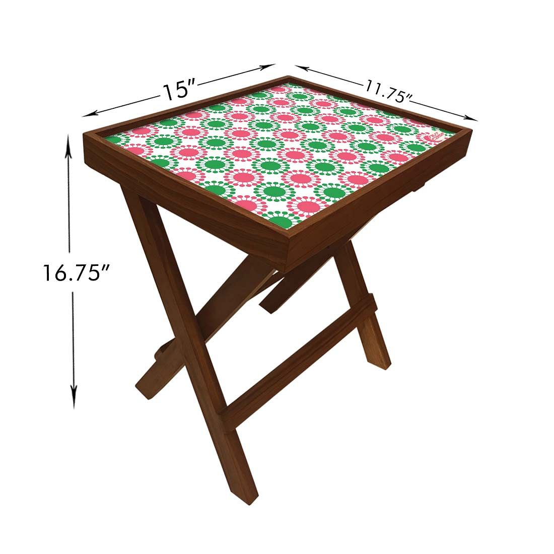 Folding Side Table - Teak Wood - Pink And Green Circle Nutcase