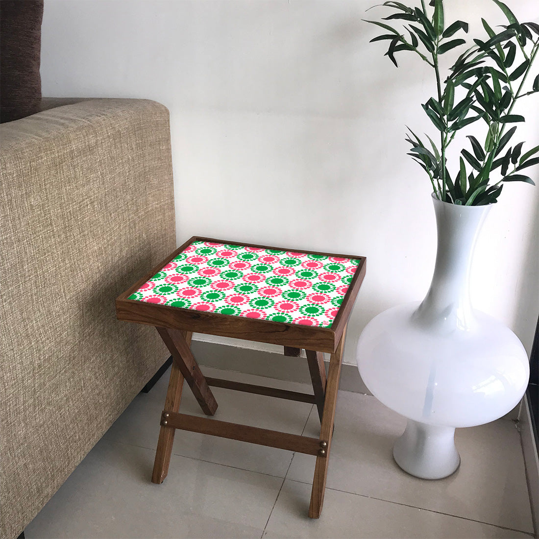 Folding Side Table - Teak Wood - Pink And Green Circle