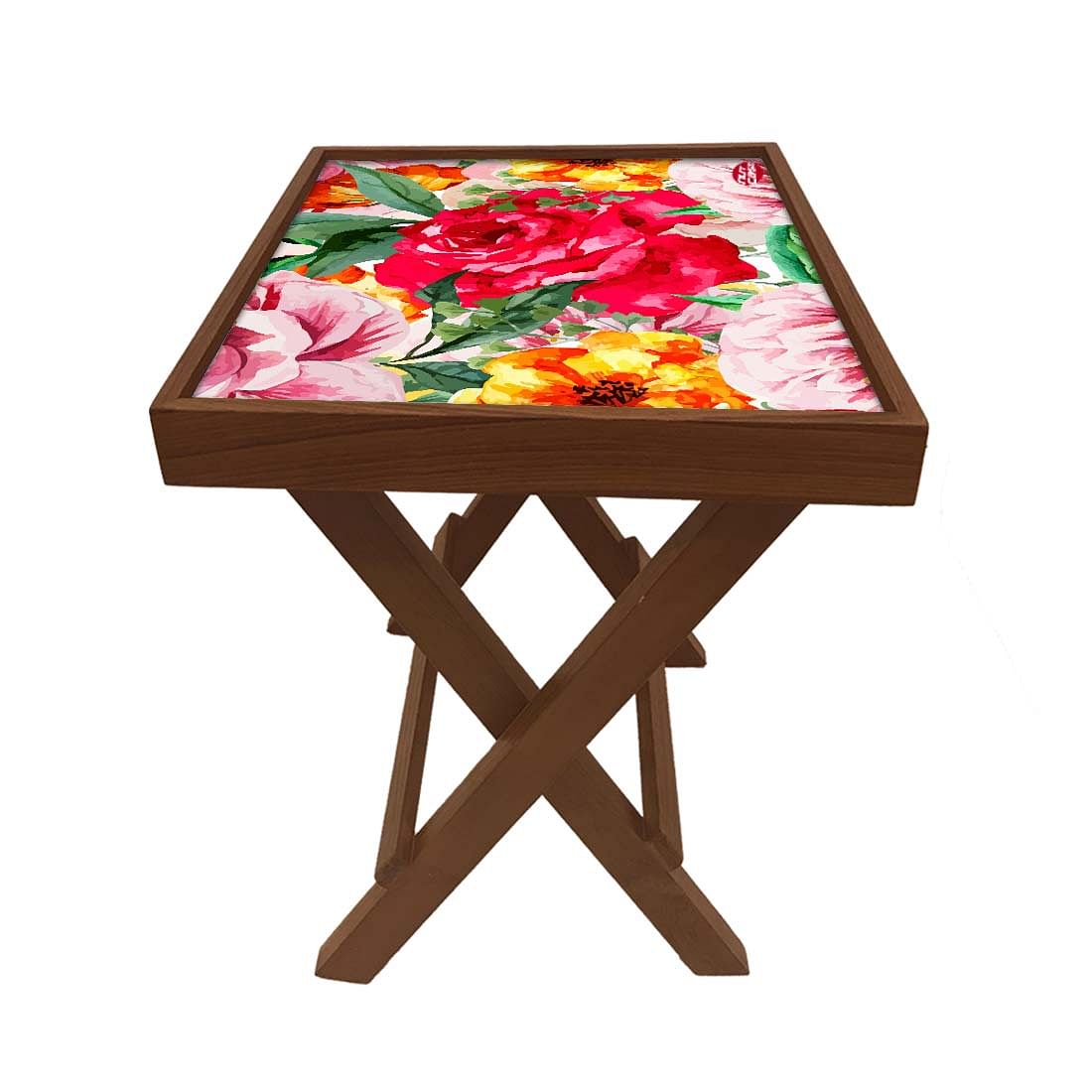 Folding Side Table - Teak Wood - Red Flower Nutcase