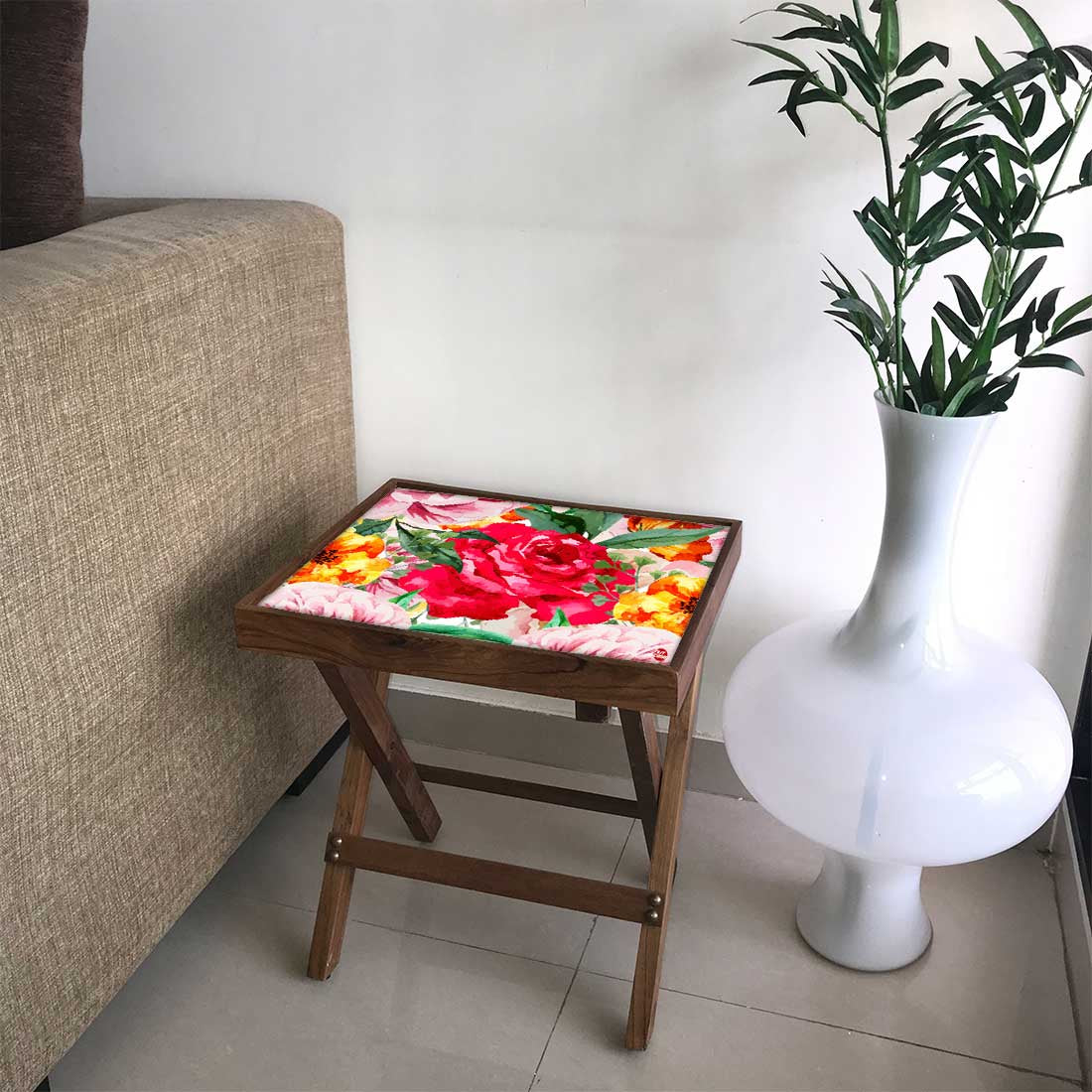 Folding Side Table - Teak Wood - Red Flower