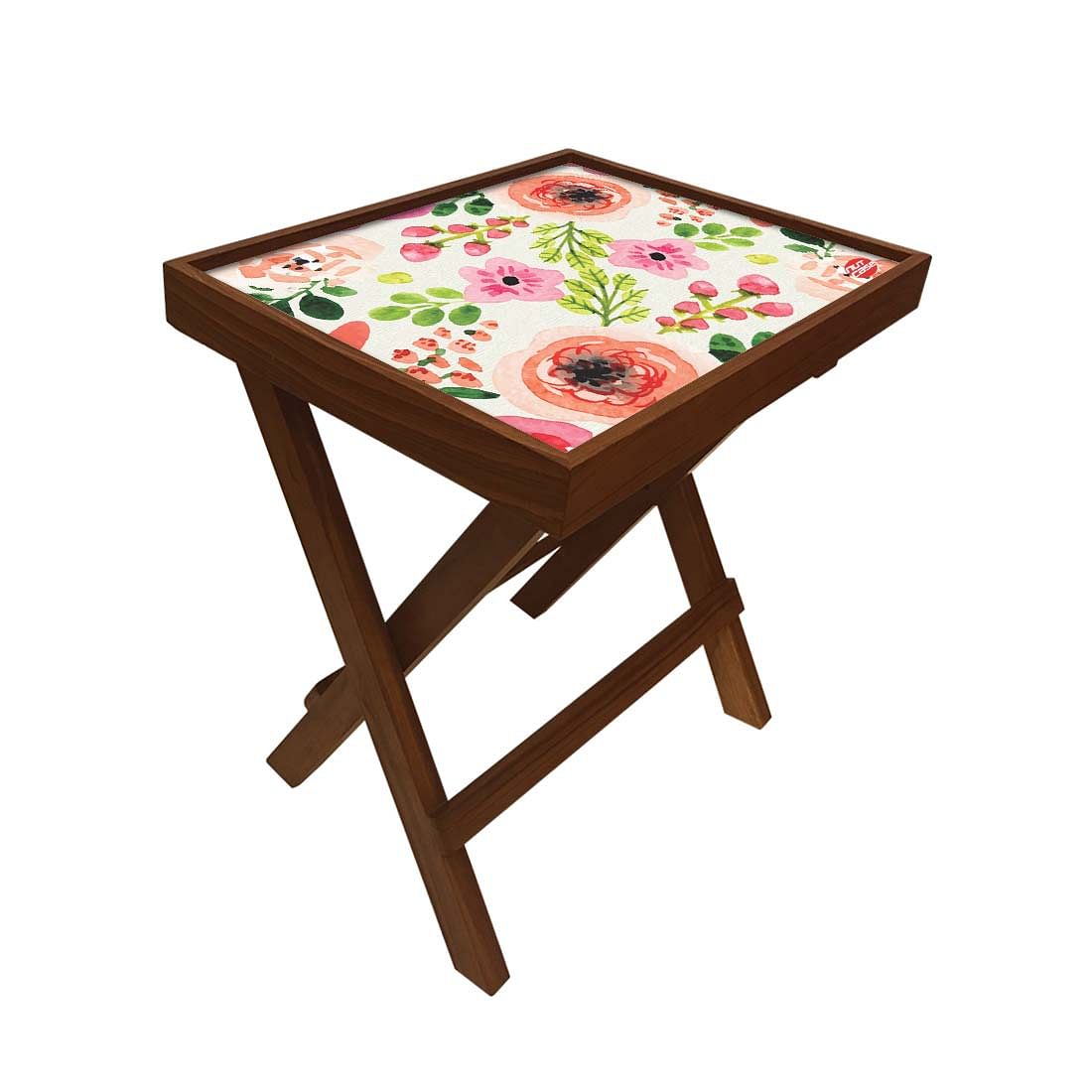 Folding Side Table - Teak Wood - Pink Flower Nutcase