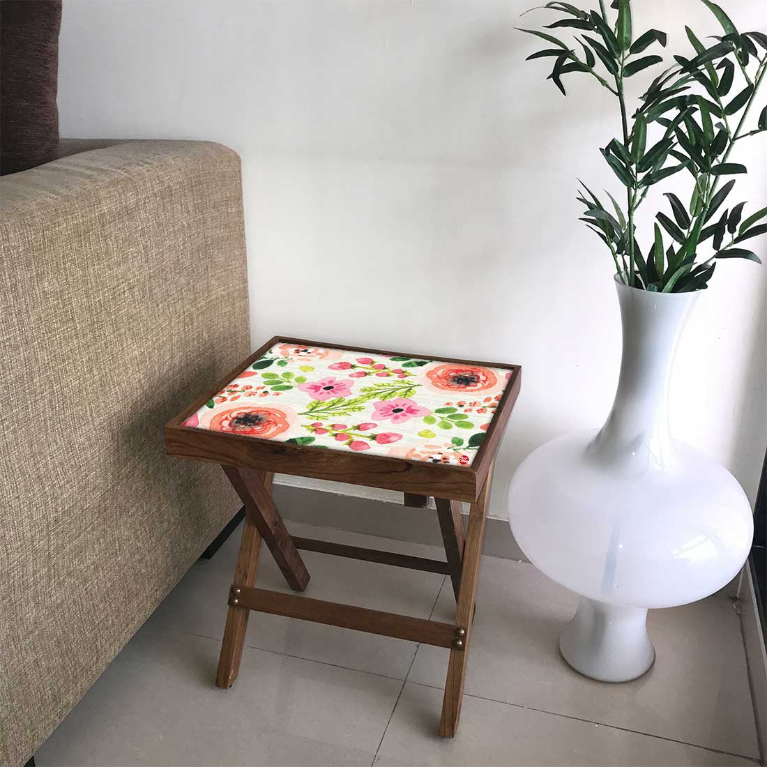 Folding Side Table - Teak Wood - Pink Flower