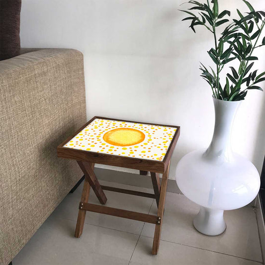 Folding Side Table - Teak Wood - Yellow And Orange Dots