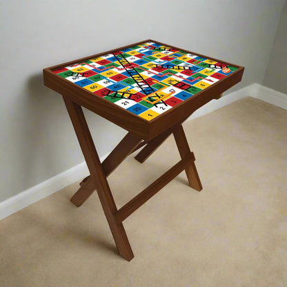 Folding Side Table - Teak Wood -Colorful Snake and Ladder Nutcase