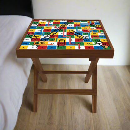 Folding Side Table - Teak Wood -Colorful Snake and Ladder Nutcase