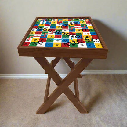 Folding Side Table - Teak Wood -Colorful Snake and Ladder Nutcase