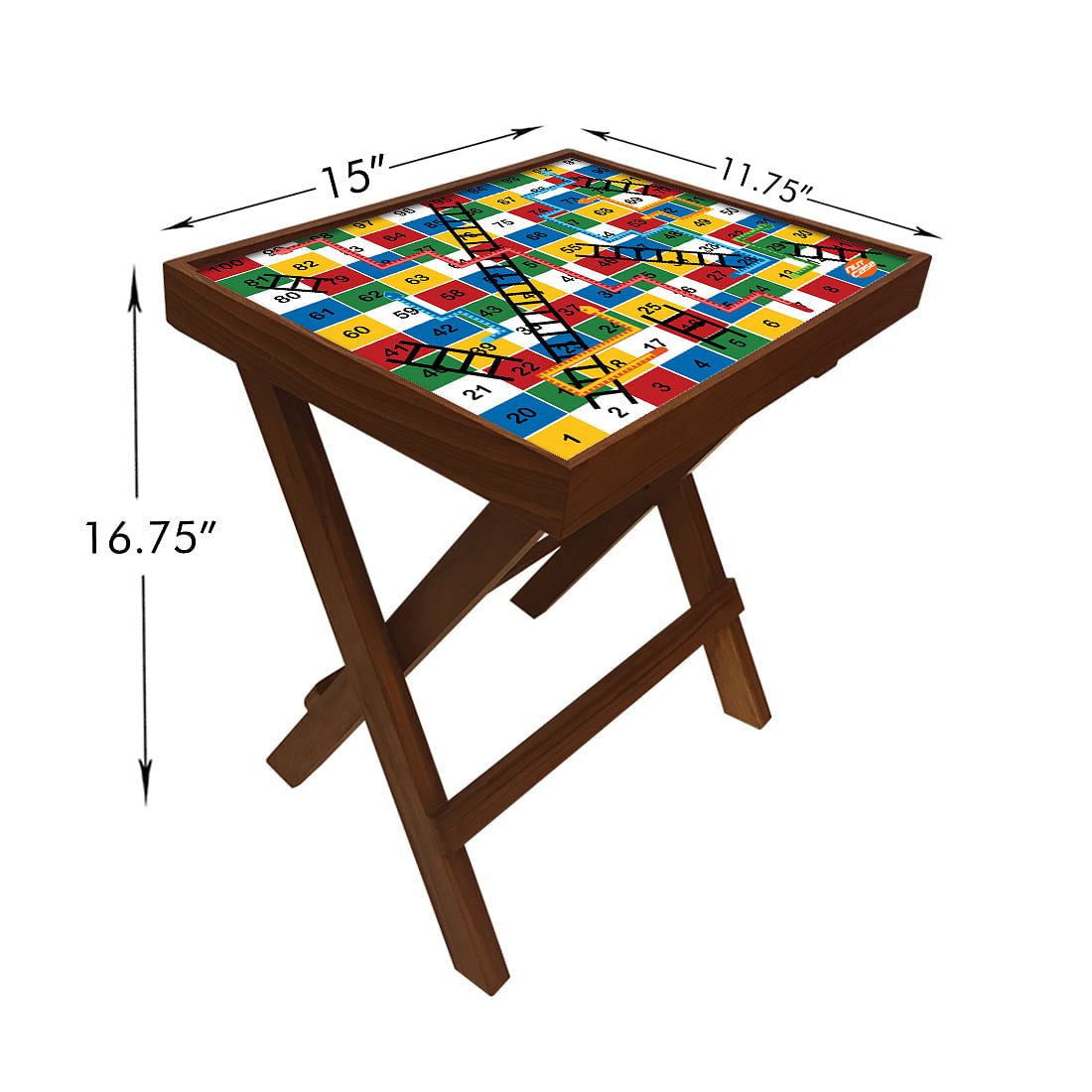 Folding Side Table - Teak Wood -Colorful Snake and Ladder Nutcase