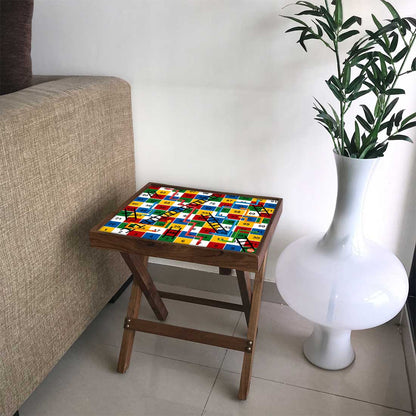 Folding Side Table - Teak Wood -Colorful Snake and Ladder