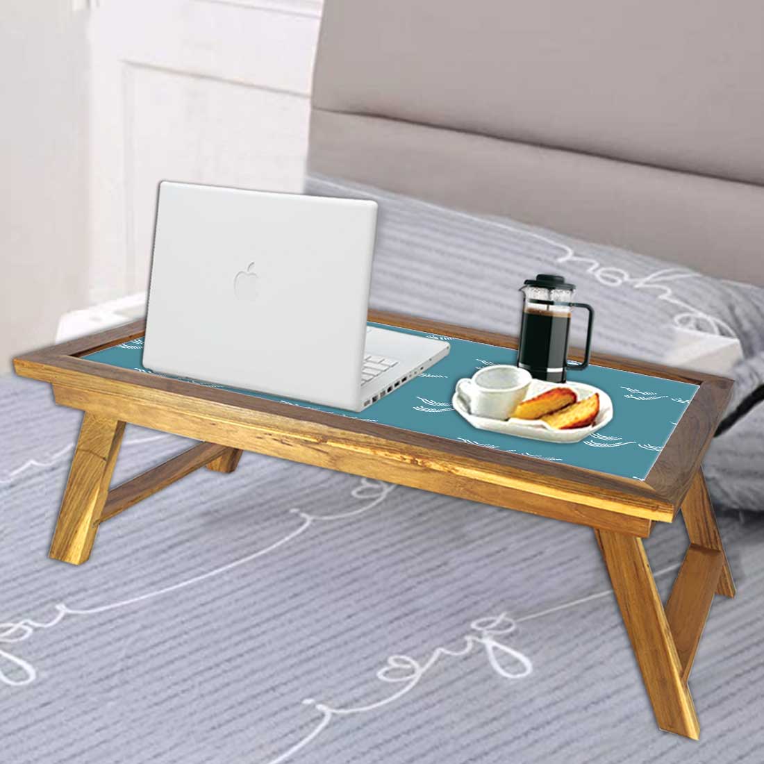 Nutcase Folding Laptop Table For Home Bed Lapdesk Breakfast Table Foldable Teak Wooden Study Desk - Shades of Teal Nutcase