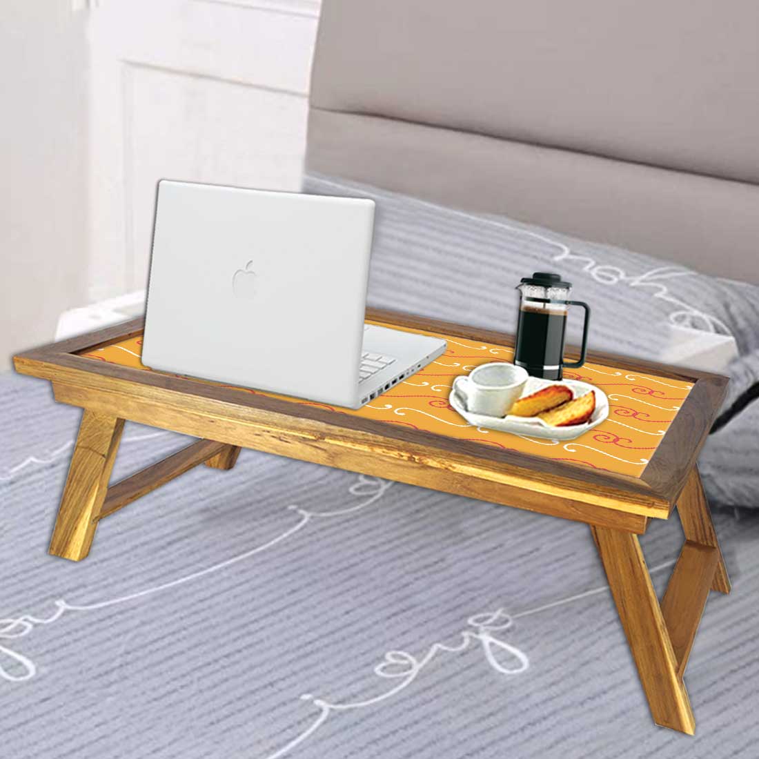 Nutcase Folding Laptop Table For Home Bed Lapdesk Breakfast Table Foldable Teak Wooden Study Desk - Ethnic Pattern Orange Nutcase