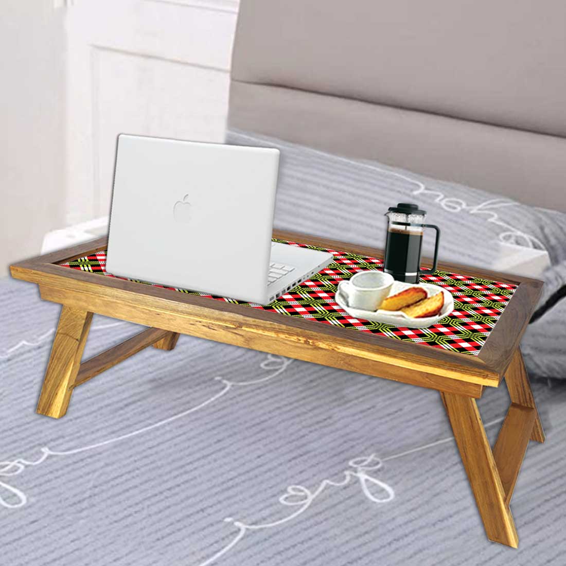 Nutcase Folding Laptop Table For Home Bed Lapdesk Breakfast Table Foldable Teak Wooden Study Desk - Red & Green Plaid Nutcase